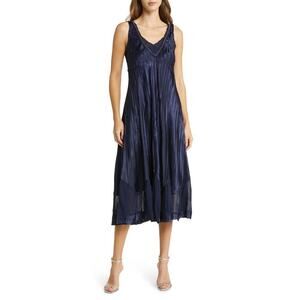 KOMAROV Women's Navy Beaded Charmeuse & Chiffon Tiered Midi Dress Size L NWT